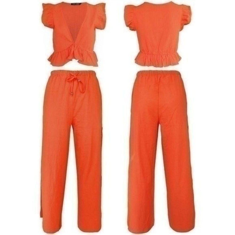 Boho Deep V Neck Orange Crop Top Side Slit Drawstring Pants Set Size XL 4 0039 - Picture 3 of 6